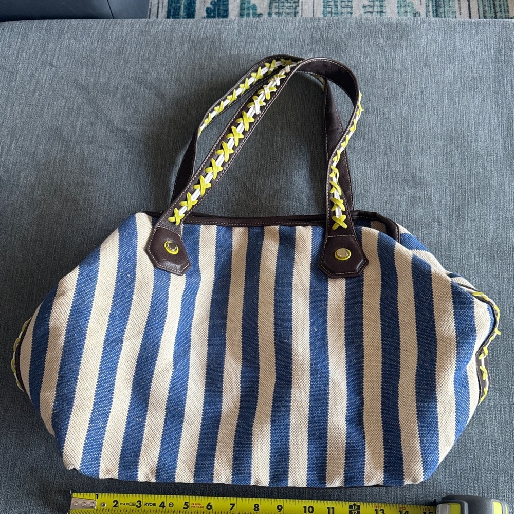 Striped Big Buddha Tote Bag with Yellow Accents and built-in bag